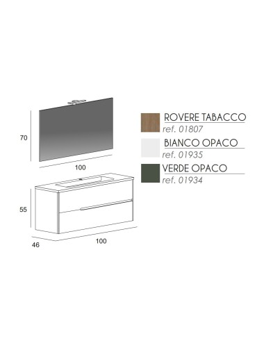 Mobile Bagno Moresco / Verde Opaco / 46x100x55 / 2 cassetti / Specchio / Lampada led